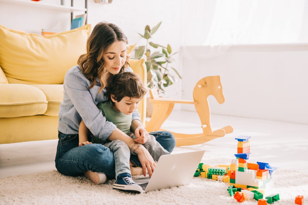Toddler and mom having a virtual playdate during quarantine